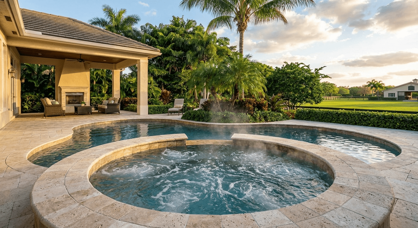Spa addition in Wellington pool area for relaxation and year-round enjoyment