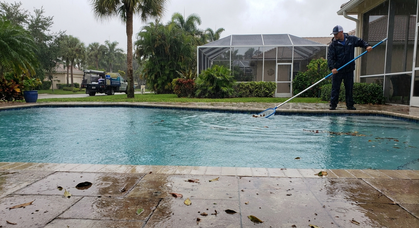 Weekly pool service in Wellington during rainy season prevents algae and equipment damage